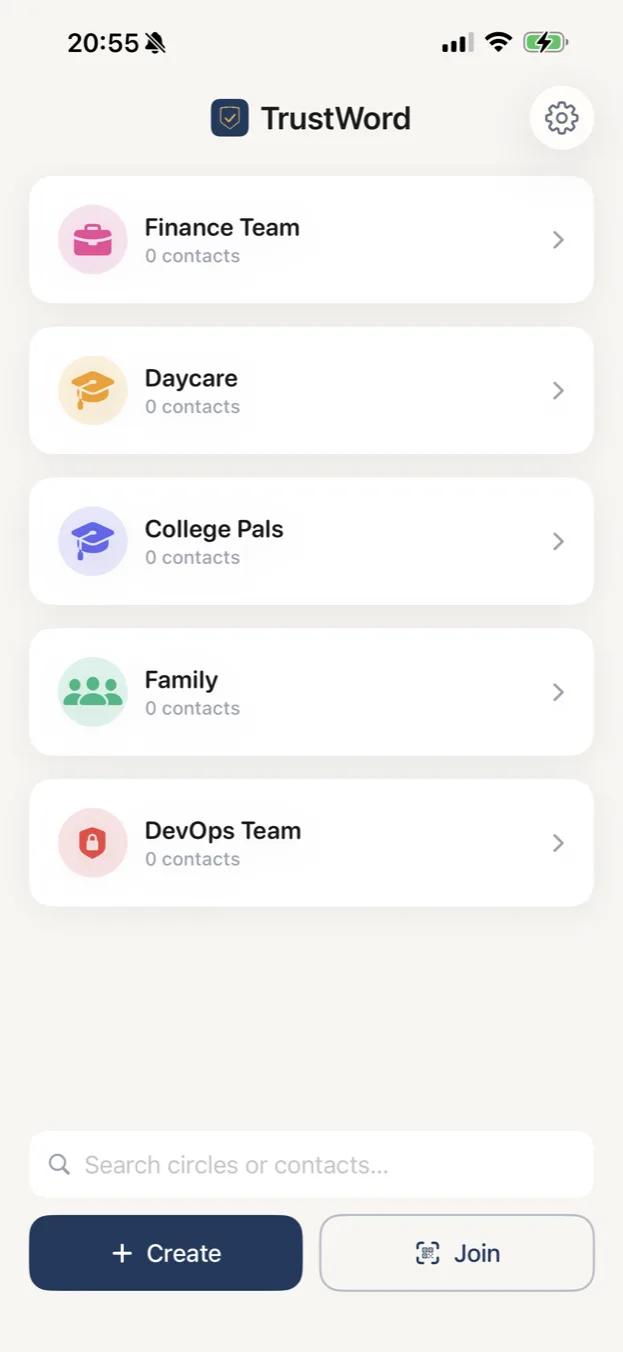 TrustWord app showing circles for Finance Team, Daycare, College Pals, Family, and DevOps Team