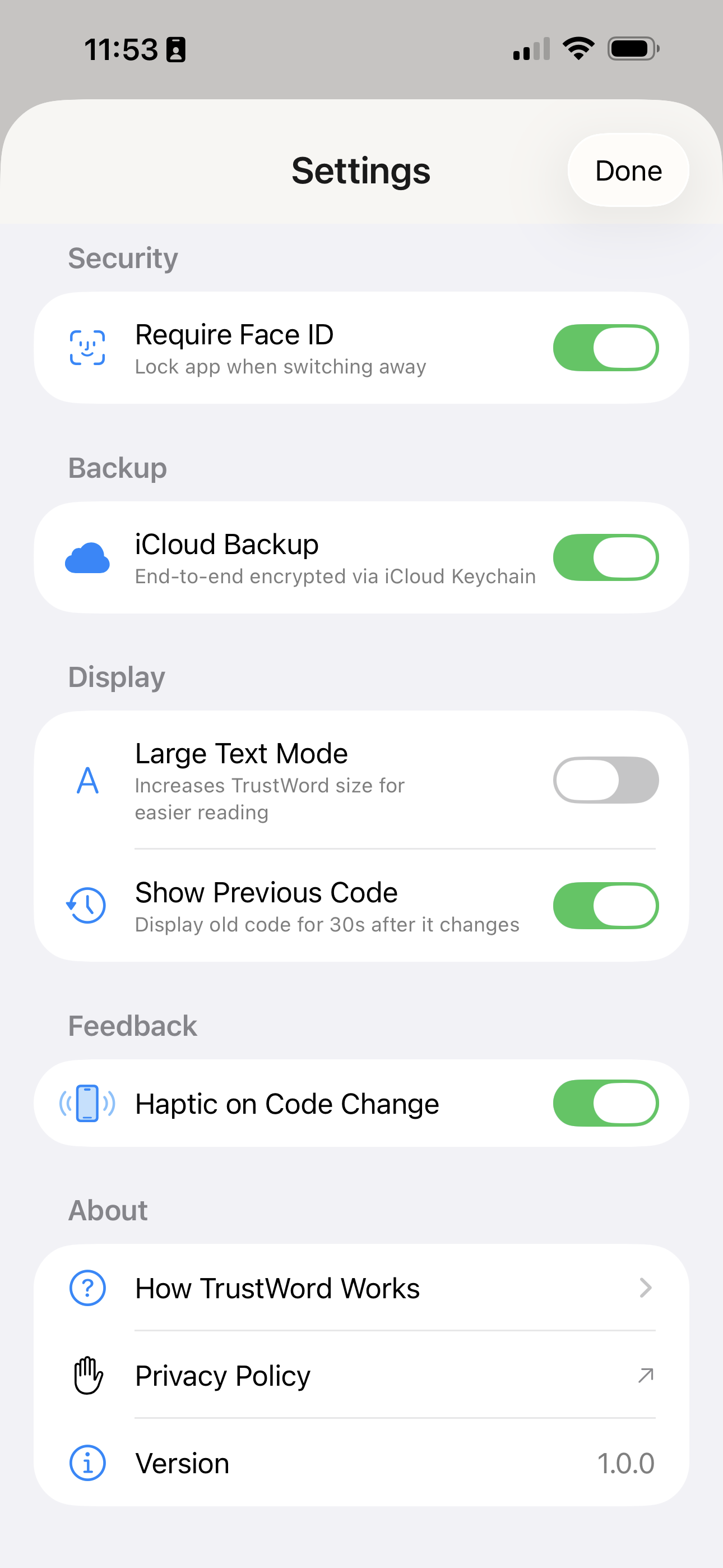 TrustWord settings showing biometric lock and encrypted backup